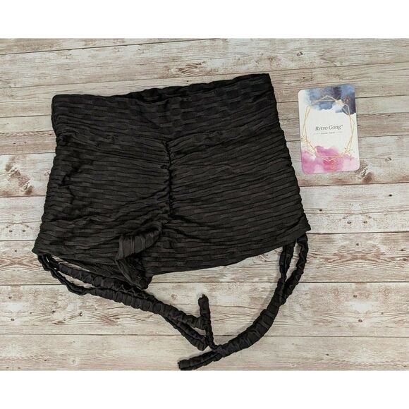 Retro Gong Womens S Black Butt Lifting Tummy Control Legging Textured Yoga Short - Picture 2 of 8